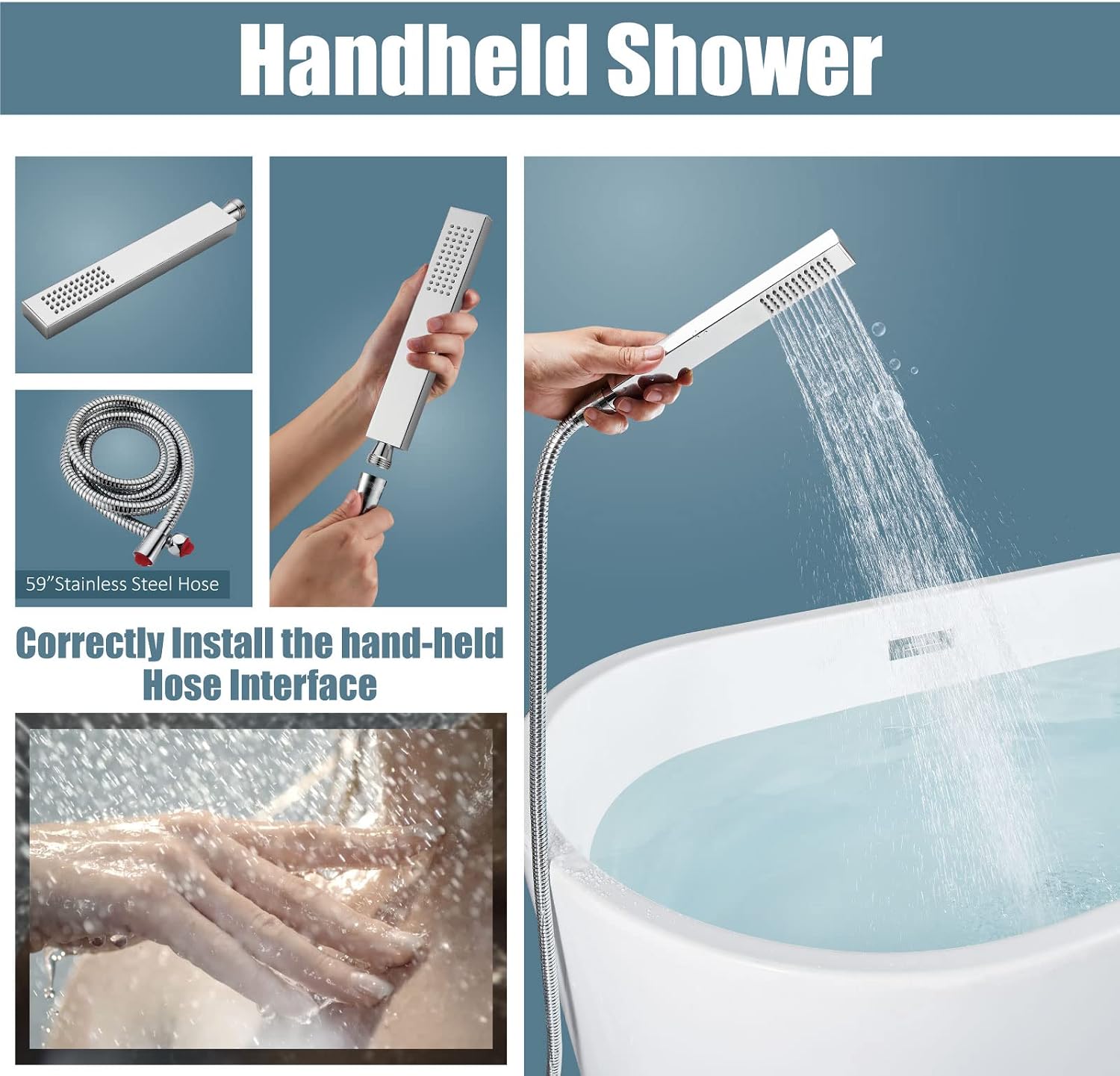 Aolemi Freestanding Bathtub Faucet Floor Mount Tub Filler Single Handle Brass Standing Bathtub Tap with Handheld Spray Swivel Right Angle Waterfall Spout Polish Chrome