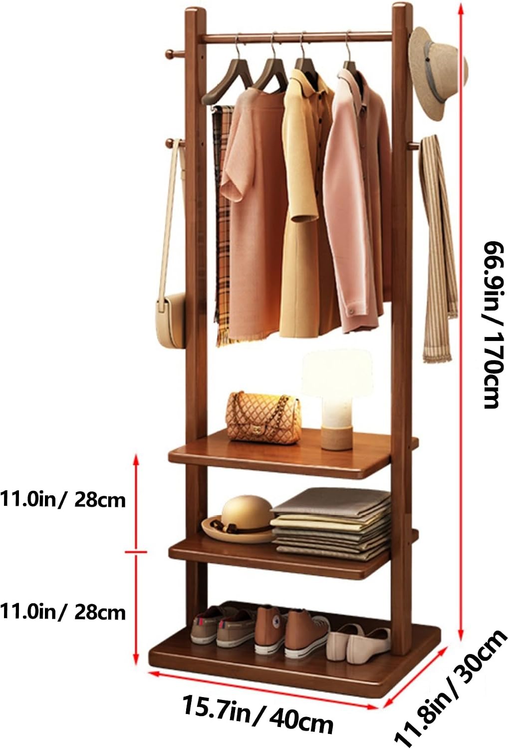 Solid Wood Coat Rack Stand with 3-Tier Shelves & 4 Hooks, Heavy Duty Freestanding Garment Rack for Entryway & Bedroom, Open Wardrobe Clothing Organizer, Walnut Finish(Walnut,15.7in)