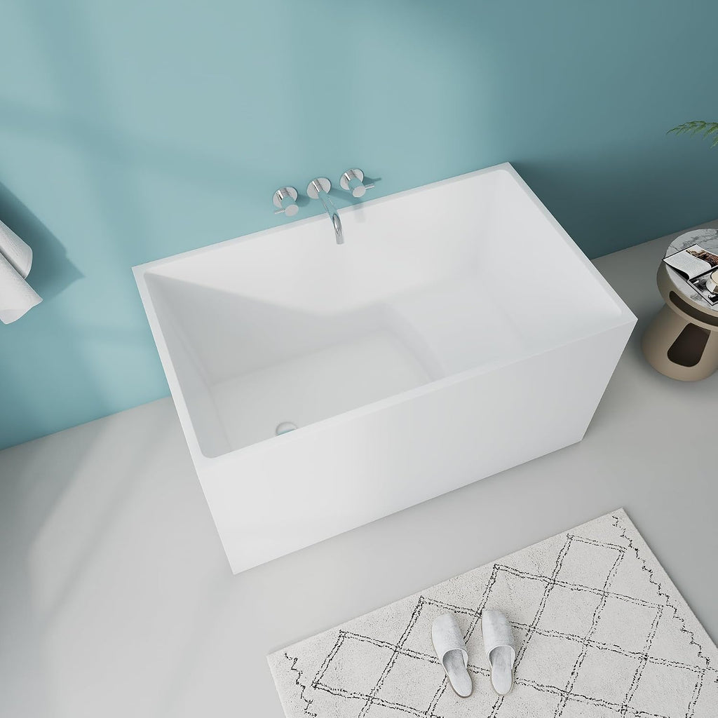 47' Modern Acrylic Free Standing Bathtub With Seat | Unique White Deep Square Soaking Tub with Overflow and CUPC Drain
