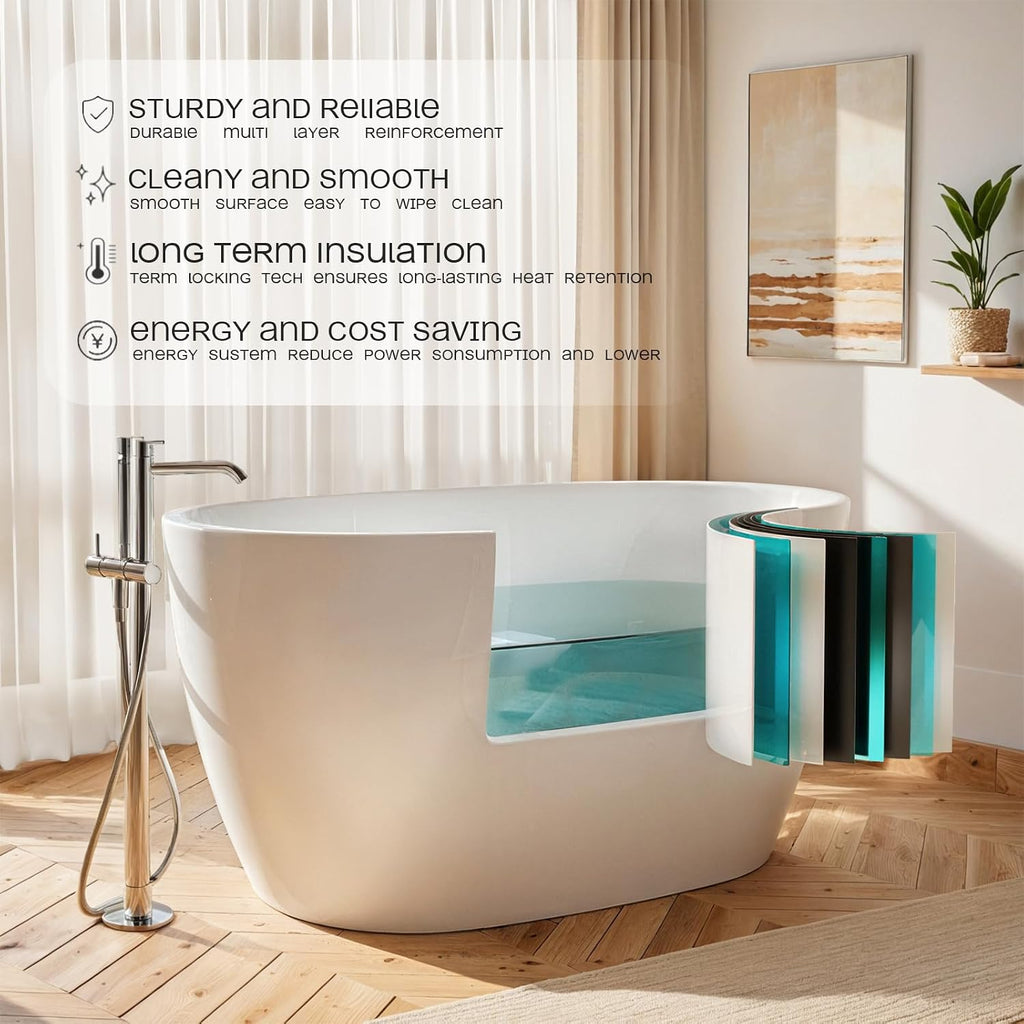 47 * 28 * 24 Inch Acrylic Freestanding Bathtub, Modern Soaking Bright White Bathtub, Equipped With Bright Silver Overflow And Bouncing Water Outlet