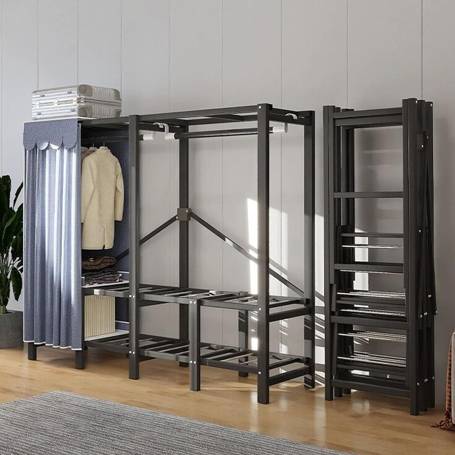 Heavy Duty Extra Large Portable Wardrobe Closets Freestanding Clothing Rack Organizers and Storage with Cotton Cover Metal Foldable Garment Rack for Hanging Clothes Shelves for Bedroom (66.1in)