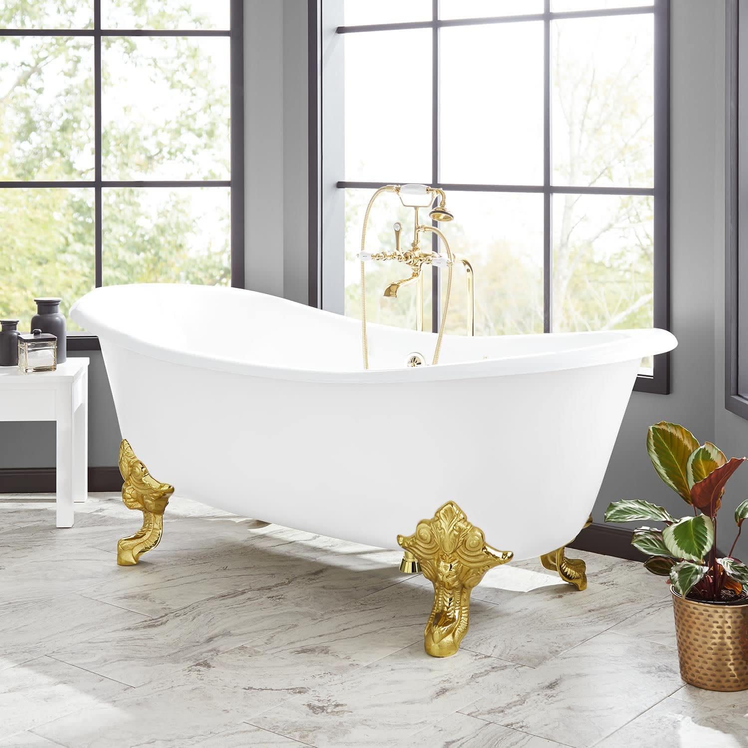 Signature Hardware 312541 Lena 72' Cast Iron Soaking Clawfoot Tub with Pre-Drilled Overflow Hole