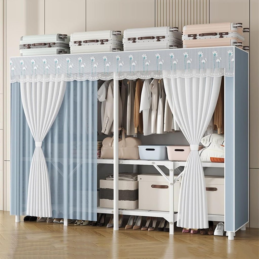Metal Freestanding Armoire Wardrobe Clothes Rack with Fabric Cover, Portable Wardrobe Closet for Hanging Clothes, Large Capacity Garment Rack Clothes Organizer with Shelves,