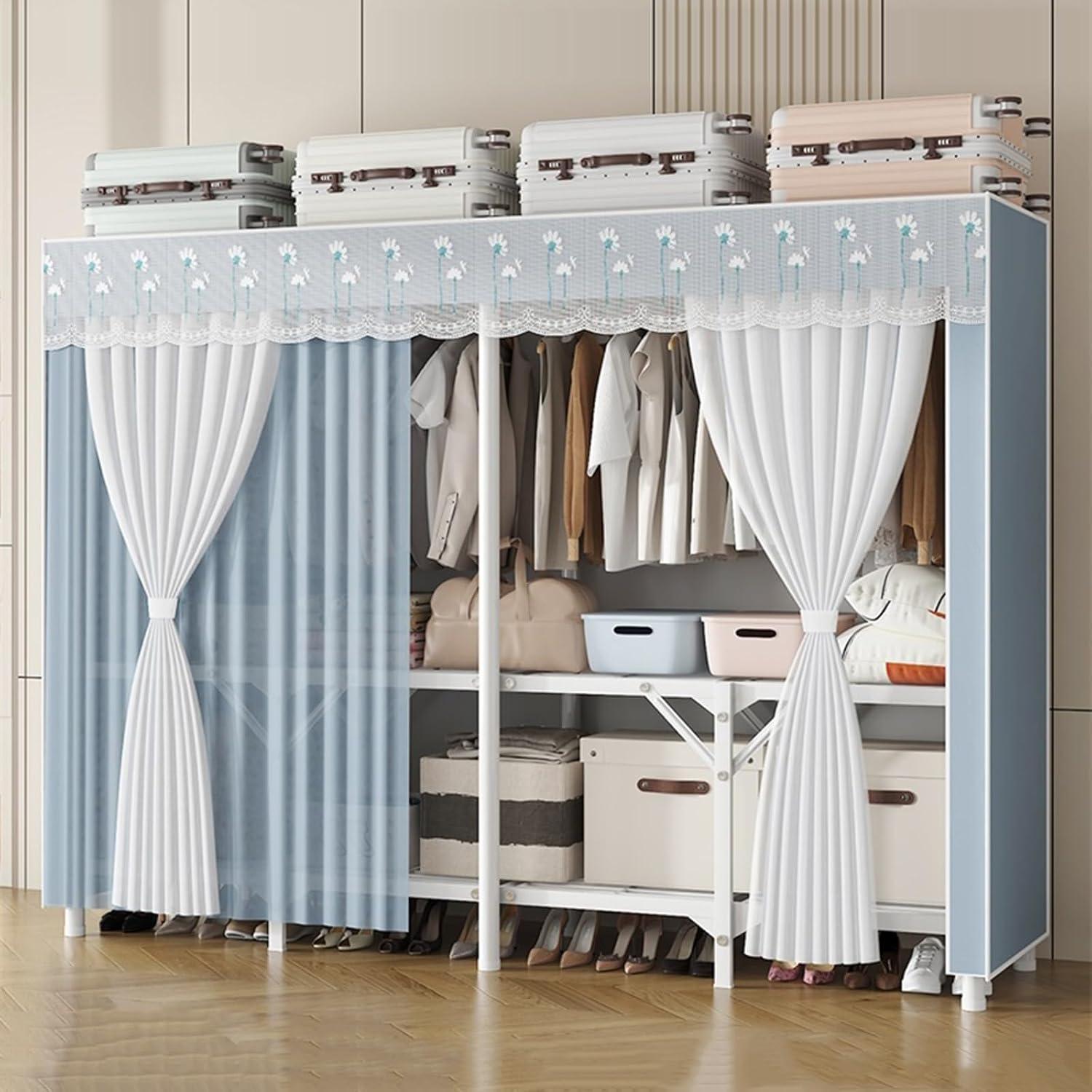 Metal Freestanding Armoire Wardrobe Clothes Rack with Fabric Cover, Portable Wardrobe Closet for Hanging Clothes, Large Capacity Garment Rack Clothes Organizer with Shelves,