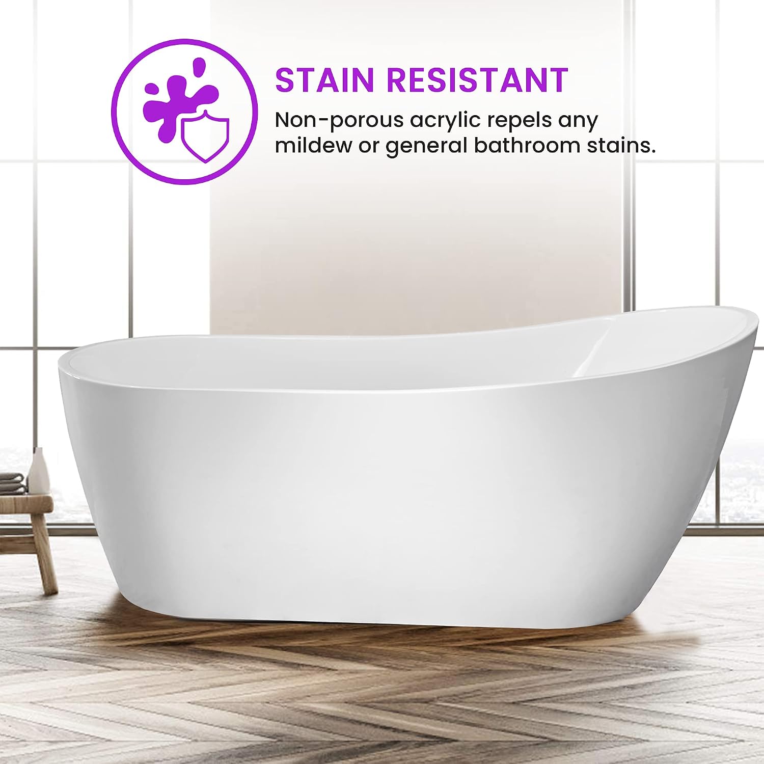 Vanity Art 59 X 29 Inch White Acrylic Freestanding Bathtub | Contemporary Design Soaking Tub with Pop-up Drain and Slotted Overflow Included, UPC Certified VA6904-S-TG