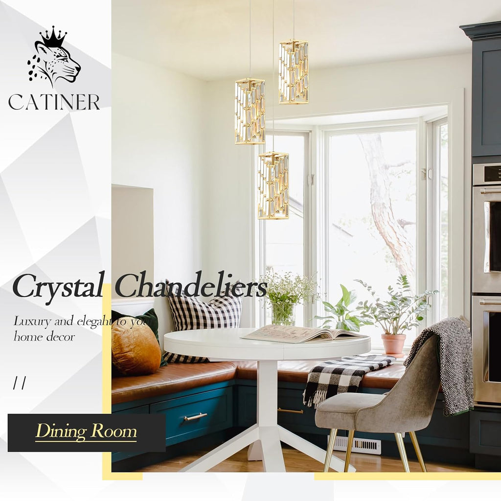 CATINER Gold Crystal Pendant Light 3 Pack, Mini Hanging Pendant Lighting Fixture with Adjustable Cord, Modern Gold Kitchen Island Pendant Lights for Dining Room, Bedroom, Hallway, E26 Base