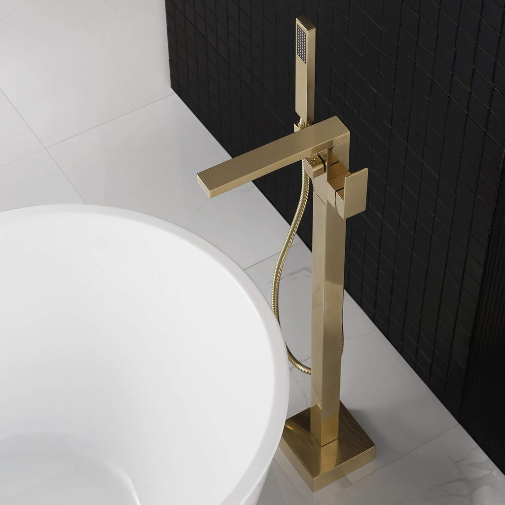 WOODBRIDGE F0008BG Contemporary Single Handle Floor Mount Freestanding Tub Filler Faucet with Hand Shower in Brushed Gold Finish