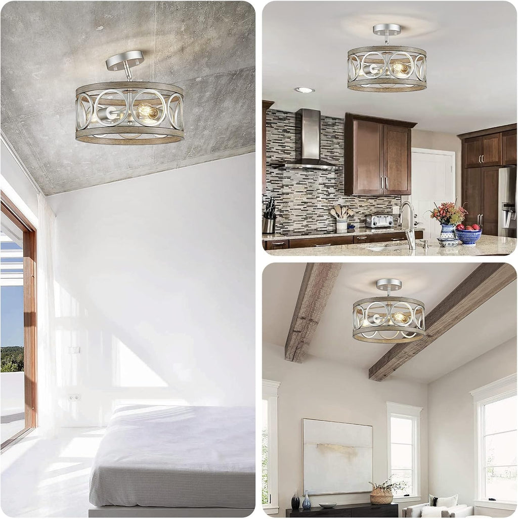 XINGQI 13' Modern 3-Light Brushed Nickel Rustic Semi Flush Mount Ceiling Light Fixture Wood Grain Metal Round Lamp for Kitchen Dining Room Bedroom Entryway