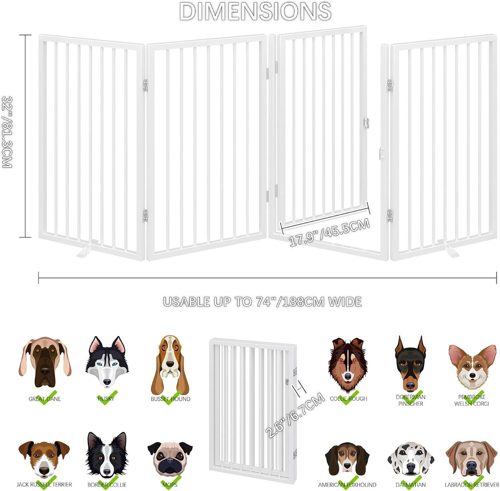 Vantas Folding No-Assembly Metal Pet Gate 80' Wide, 32' Extra Tall Dog Gate with Door Walk Through, Freestanding Accordion Puppy Gate Dog Door for Indoor & Outdoor, with 2PCS Support - White