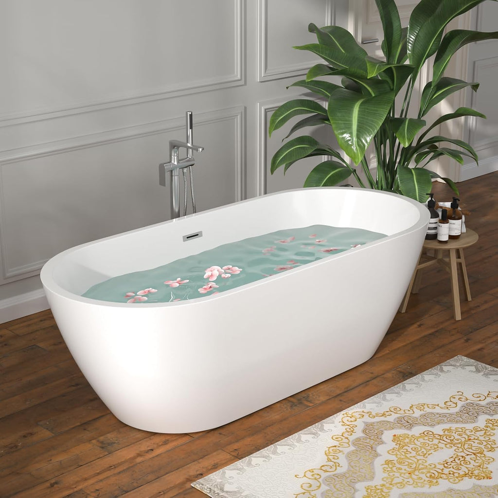 67 Inch Freestanding Acrylic Bathtub White Roll Top Soaking Tub with Smooth Curved Rim, Chrome Drain and Overflow, YSB9217