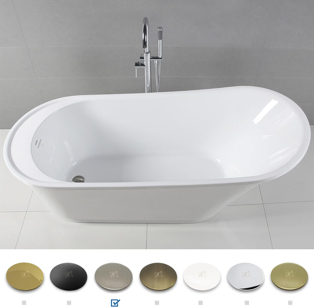 FerdY Langkawi 67' Acrylic Freestanding Bathtub, White Modern Stand Alone Soaking Bathtub, cUPC Certified, Brushed Nickel Drain and Minimalist Linear Design Overflow Included, Easy to Install