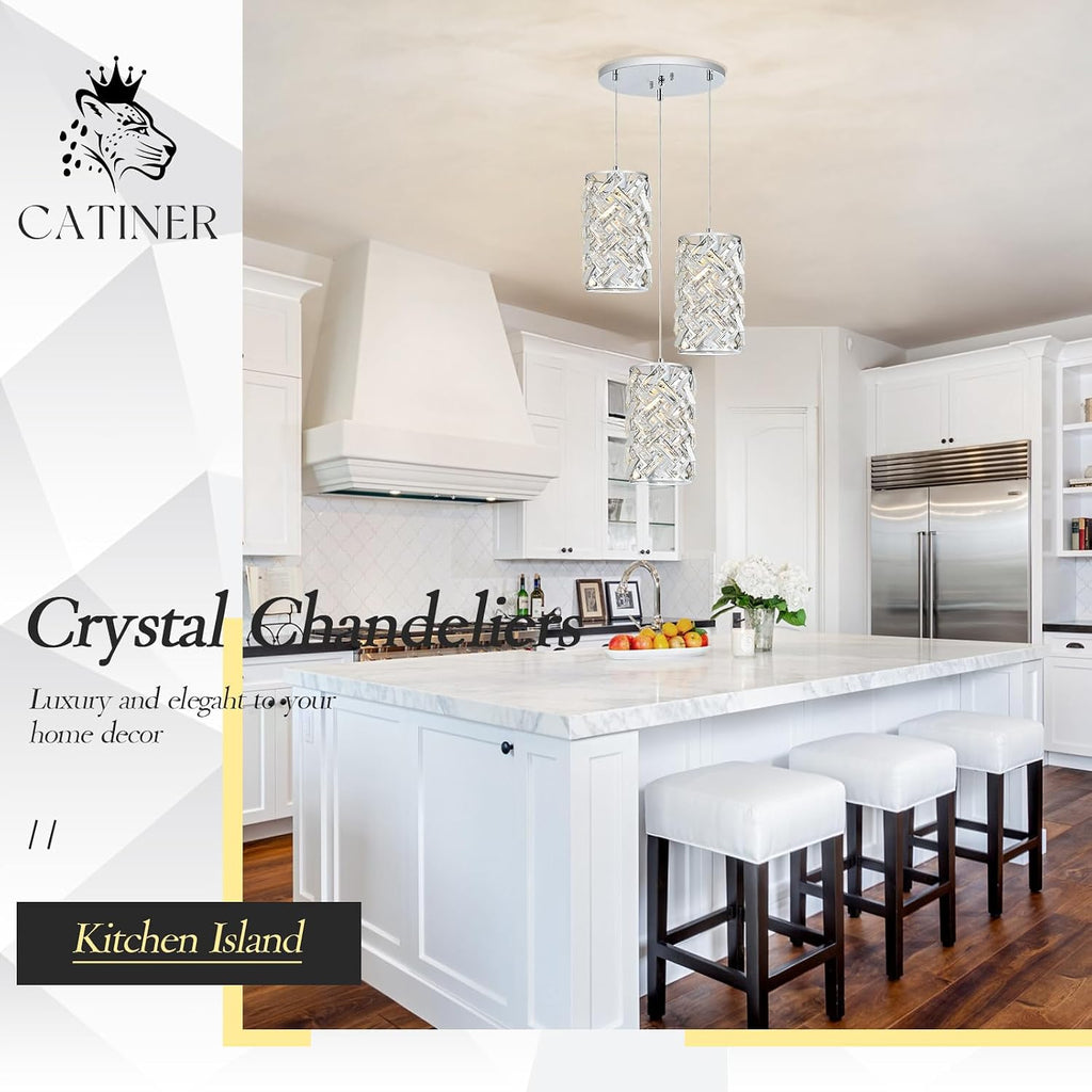 CATINER 3-Light Modern Crystal Pendant Light, Chrome Mini Chandelier – Adjustable Cluster Pendant Lighting Fixture for Kitchen Island, Dining Room, Bedroom, Hallway, Porch