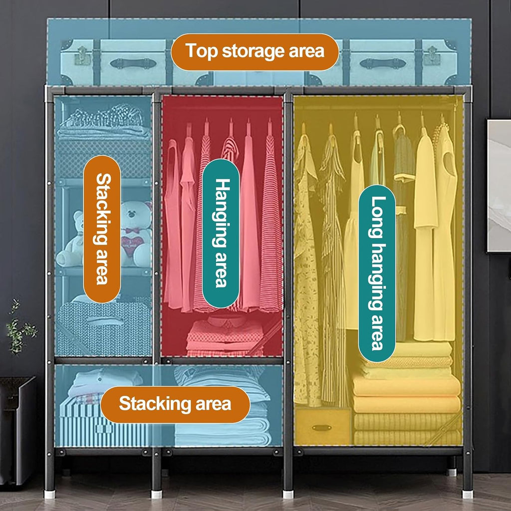 Portable Wardrobe Closet With Cover, Foldable Garment Rack With Hanging Rods, Metal Coat Storage Clothing Rack For Hanging Clothes, For Bedroom(Pink,190cm/74.8inch)