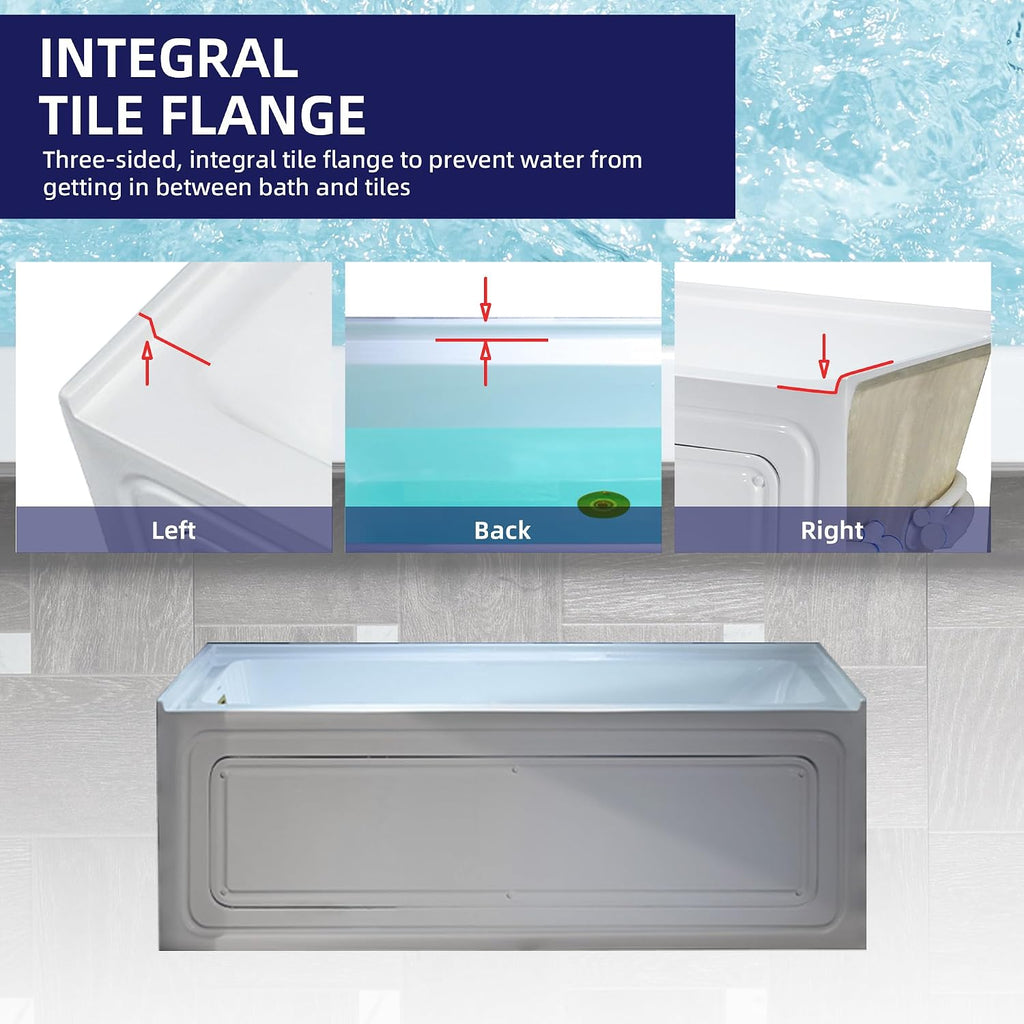 WOODBRIDGE 60' x 30' Alcove Acrylic Rectangular Whirlpool Heated Jetted Tub in White with Left Drain, Brushed Gold Finish Trim and Drain Kit Included, BS428-L-BG03