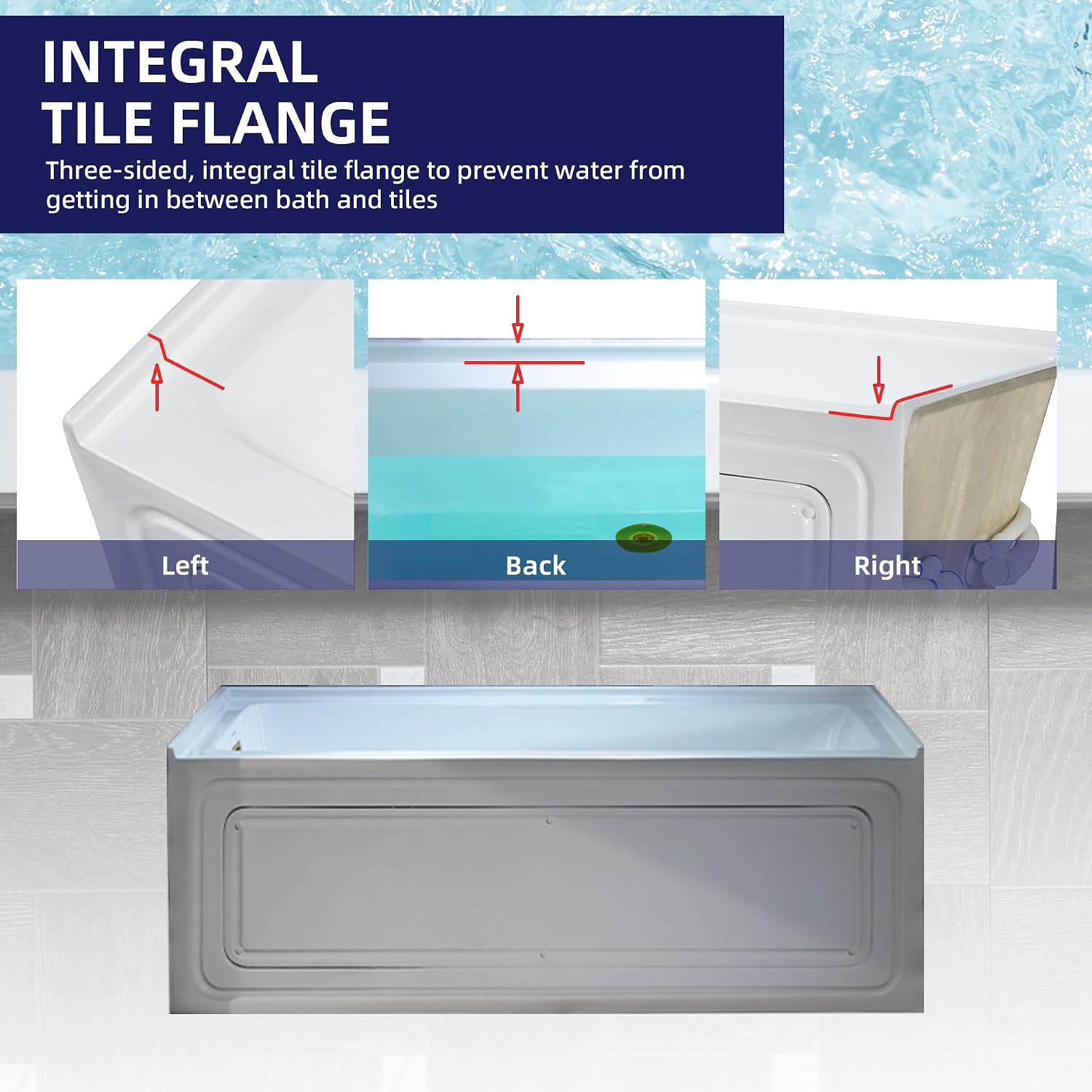 WOODBRIDGE 60' x 30' Alcove Acrylic Rectangular Whirlpool Heated Jetted Tub in White with Left Drain, Brushed Gold Finish Trim and Drain Kit Included, BS428-L-BG03