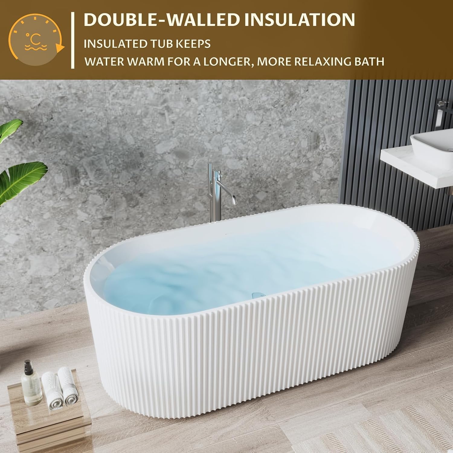 67' Acrylic Freestanding Bathtub, Modern Acrylic Soaking Bathtub, Freestanding Rectangular Tub with Matte Drain and Overflow, Ergonomic Deep Design, Double-Walled Insulation, CUPC Certified