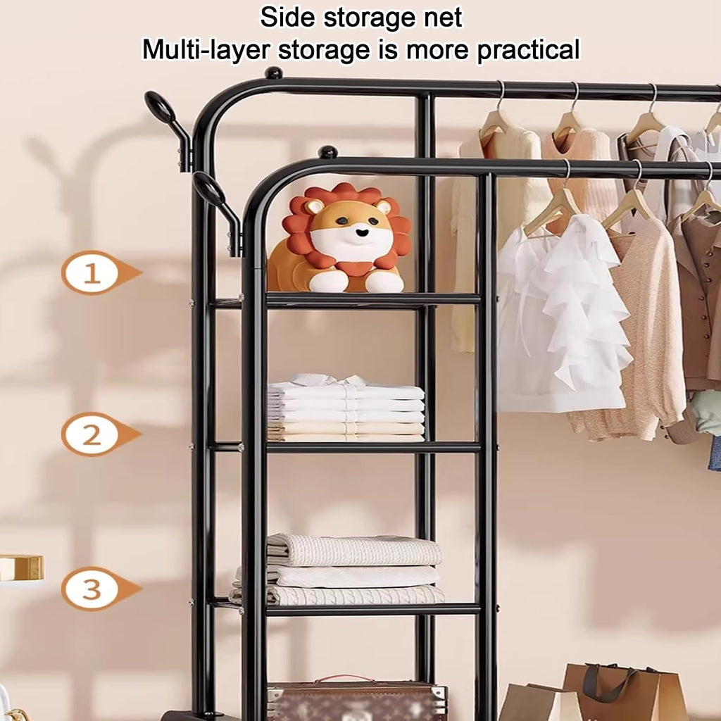 Metal Clothes Rack,Rolling Clothing Racks,Garment Rack With Storage Shelves And Coat/Hat Hooks,Freestanding Clothing Organizer For Bedroom Living Room(150cm/59in)