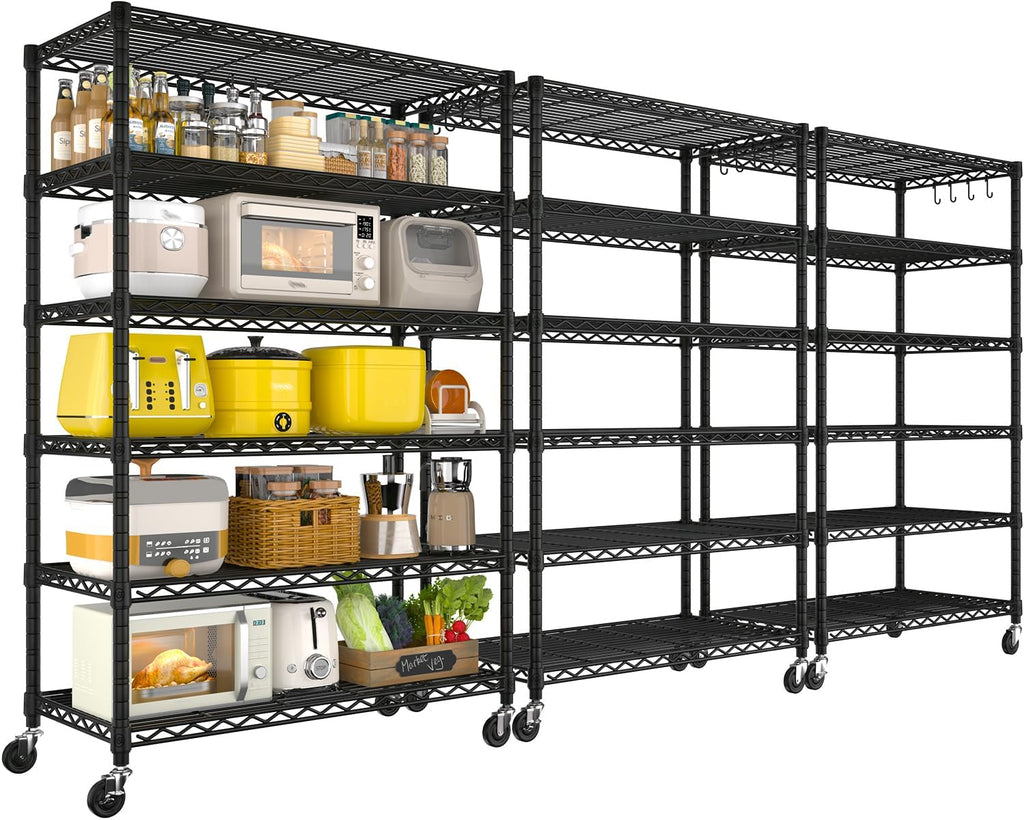 PrimeZone 6 Tier Wire Shelving with Wheels 79''H 1500lbs Storage Shelves NSF Certified Heavy Duty Steel Metal Shelf Adjustable Rolling Rack Kitchen Garage Closet Pantry Laundry 79''HX36''WX16''D 3Pcs