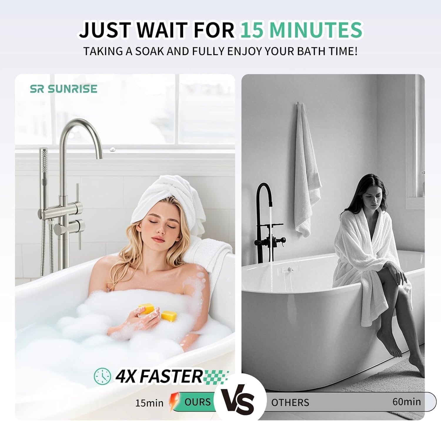 Free Standing Bathtub Faucet Set: SR SUN RISE Floor Mount Tub Filler with 3-Function Handheld Shower Head, Brushed Nickel High Flow Brass Freestanding Shower Faucet