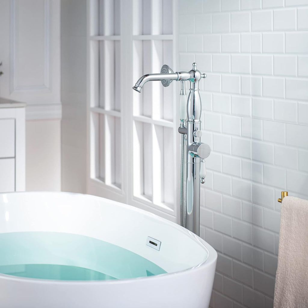 WOODBRIDGE Contemporary Single Handle Floor Mount Freestanding Tub Filler Faucet with Hand Shower in Chrome Finish