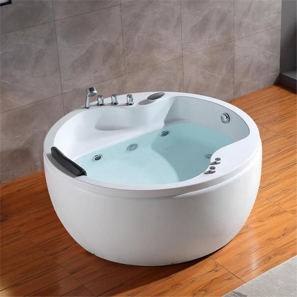 Empava 59' Acrylic Freestanding Whirlpool Bathtub Hydromassage Round Jetted Soaking Tub with Right Side Drain and Waterfall Faucet