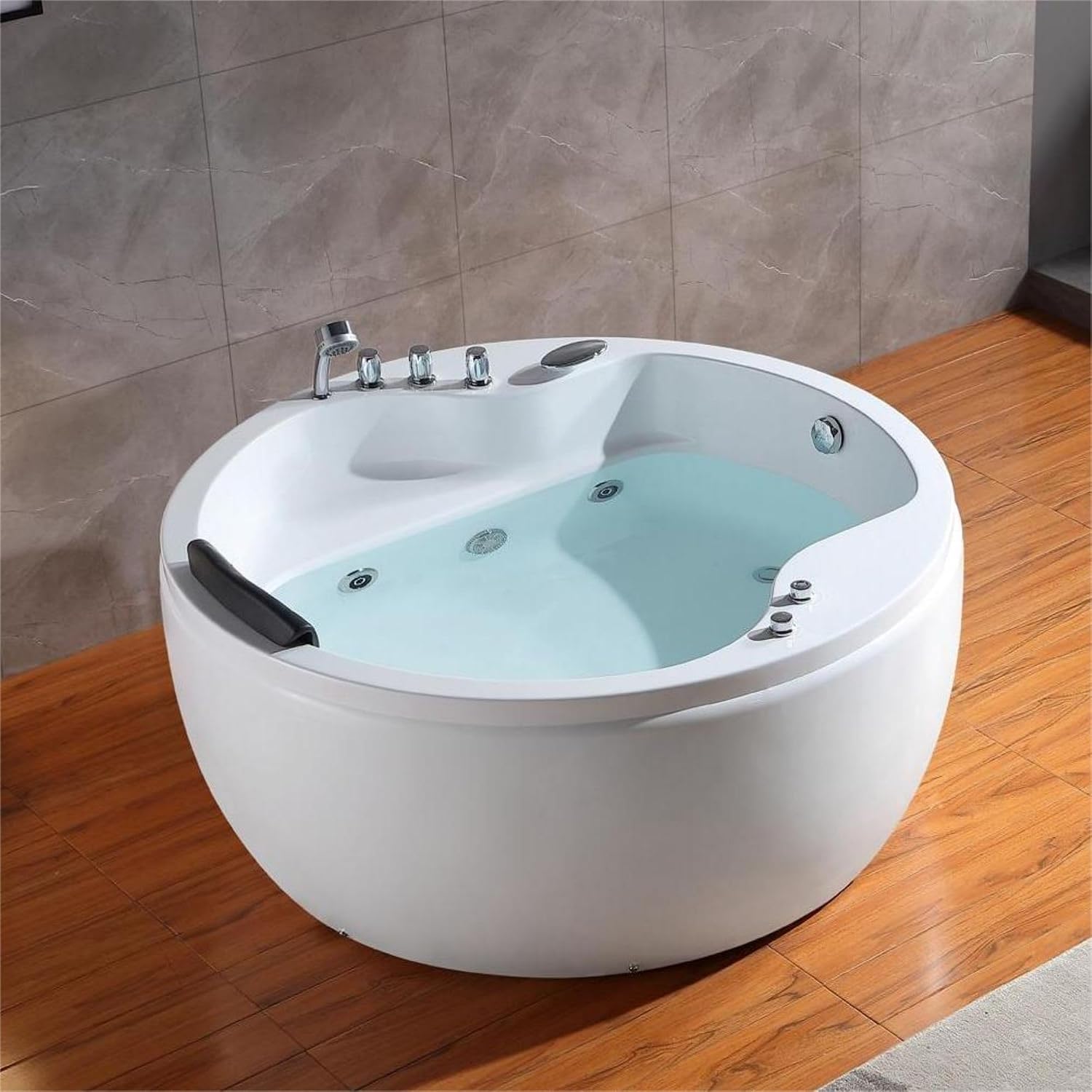 Empava 59' Acrylic Freestanding Whirlpool Bathtub Hydromassage Round Jetted Soaking Tub with Right Side Drain and Waterfall Faucet