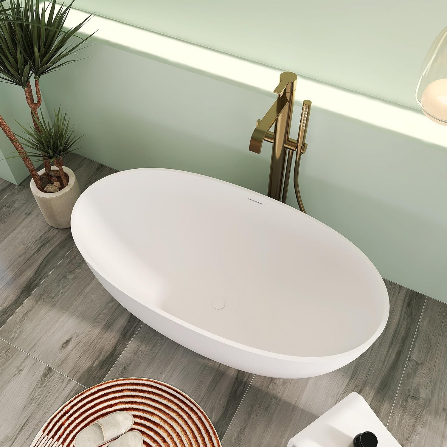55' Premium Solid Surface Freestanding Bathtub, Upgraded Oval Stone Resin Tub with Overflow and Pop-up Drain, Matte White