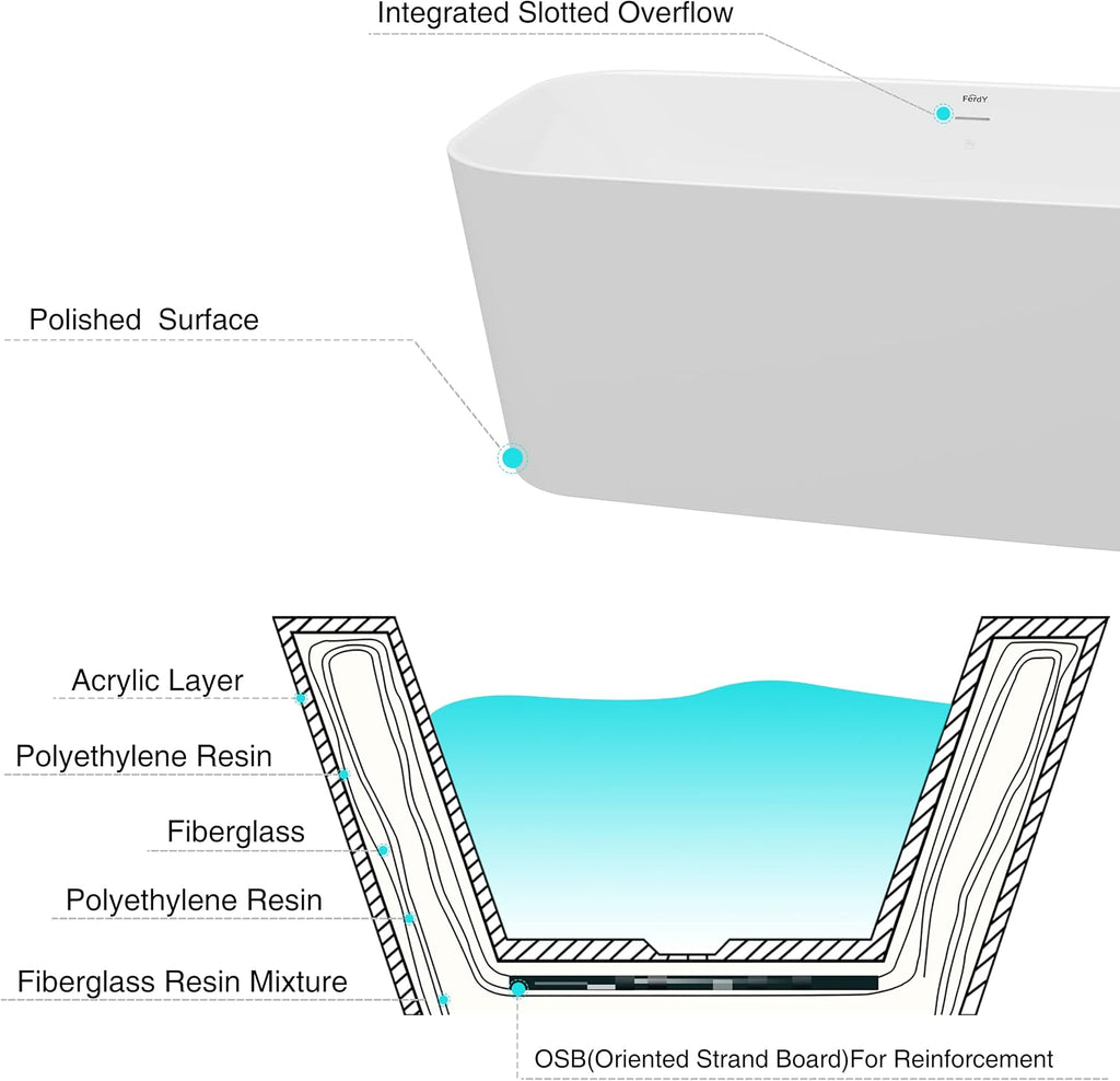 FerdY Maui 67' Acrylic Freestanding Bathtub, Contemporary Elegant Design Soaking Tub with Brushed Nickel Drain and Minimalist Linear Design Overflow, Easy to Install