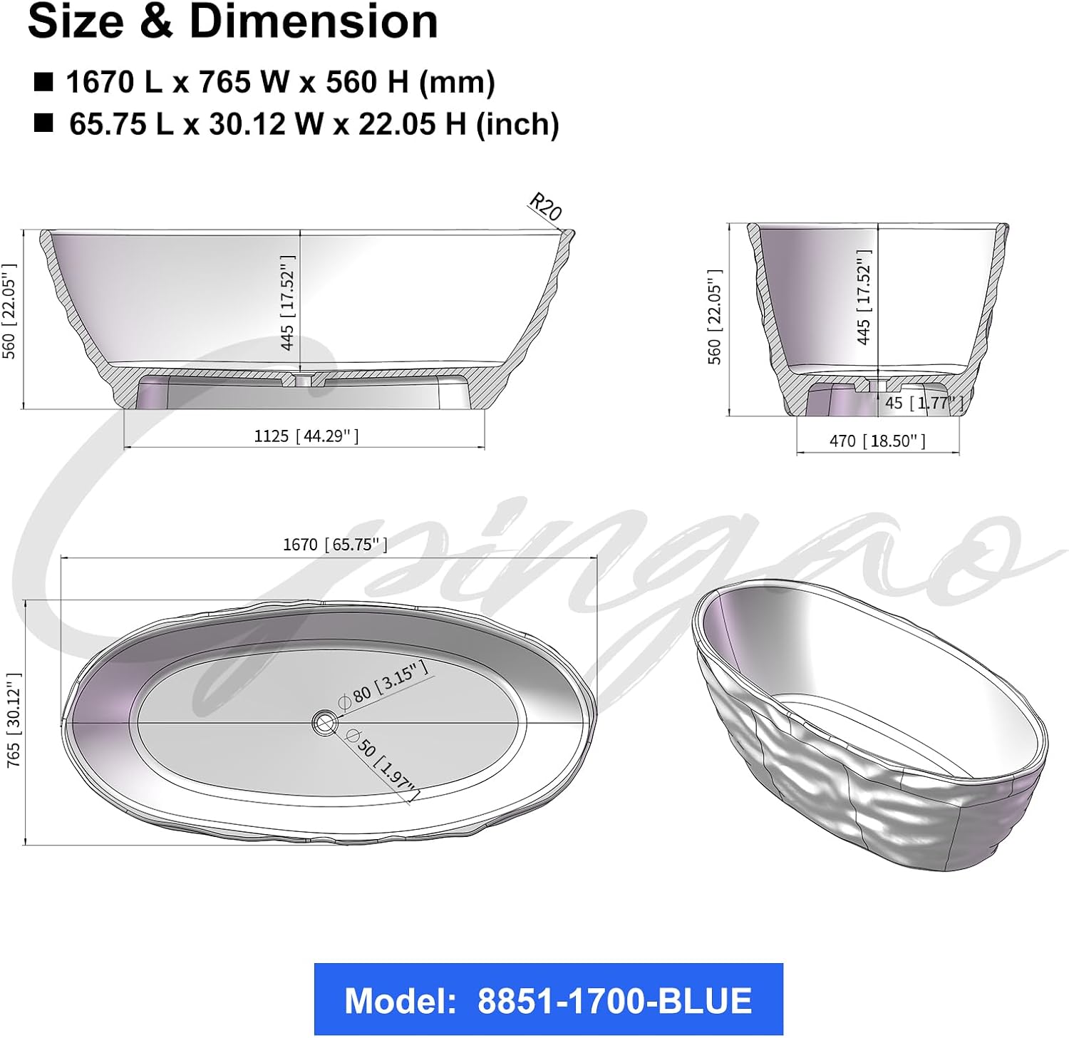 Cpingao 66' Resin Transparent Freestanding Bathtub, Contemporary Oval Stand Alone Tubs, Translucent Resin Freestanding Bath 1670 MM with Drain Lake Blue 8851-1700-BLUE