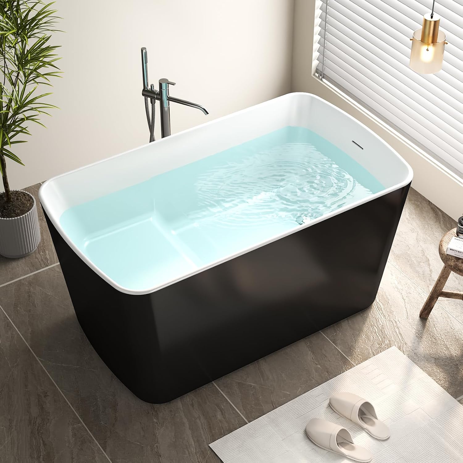 Zevemomo 49' Glossy White Acrylic Freestanding Soaking Tub w/Seat- Contemporary Design with Toe-Tap Drain & Brushed Nickel Overflow - 55 Gal, cUPC Certified