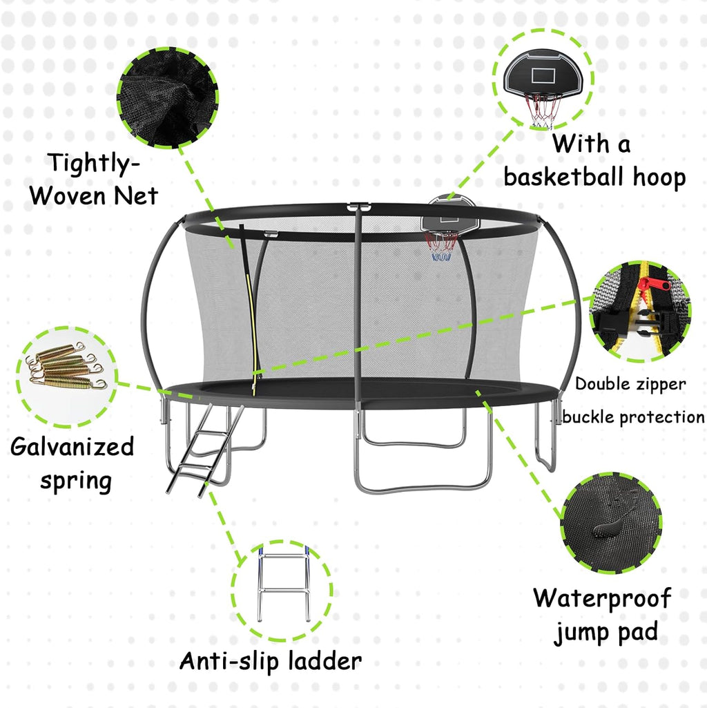 Tranpoline 10FT 12FT 14FT 16FT Tranpoline for Kids with Safety Enclosure Net Recreational Tranpoline for Adults ASTM Approval Backyard Outdoor Tranpoline with Basketball Hoop