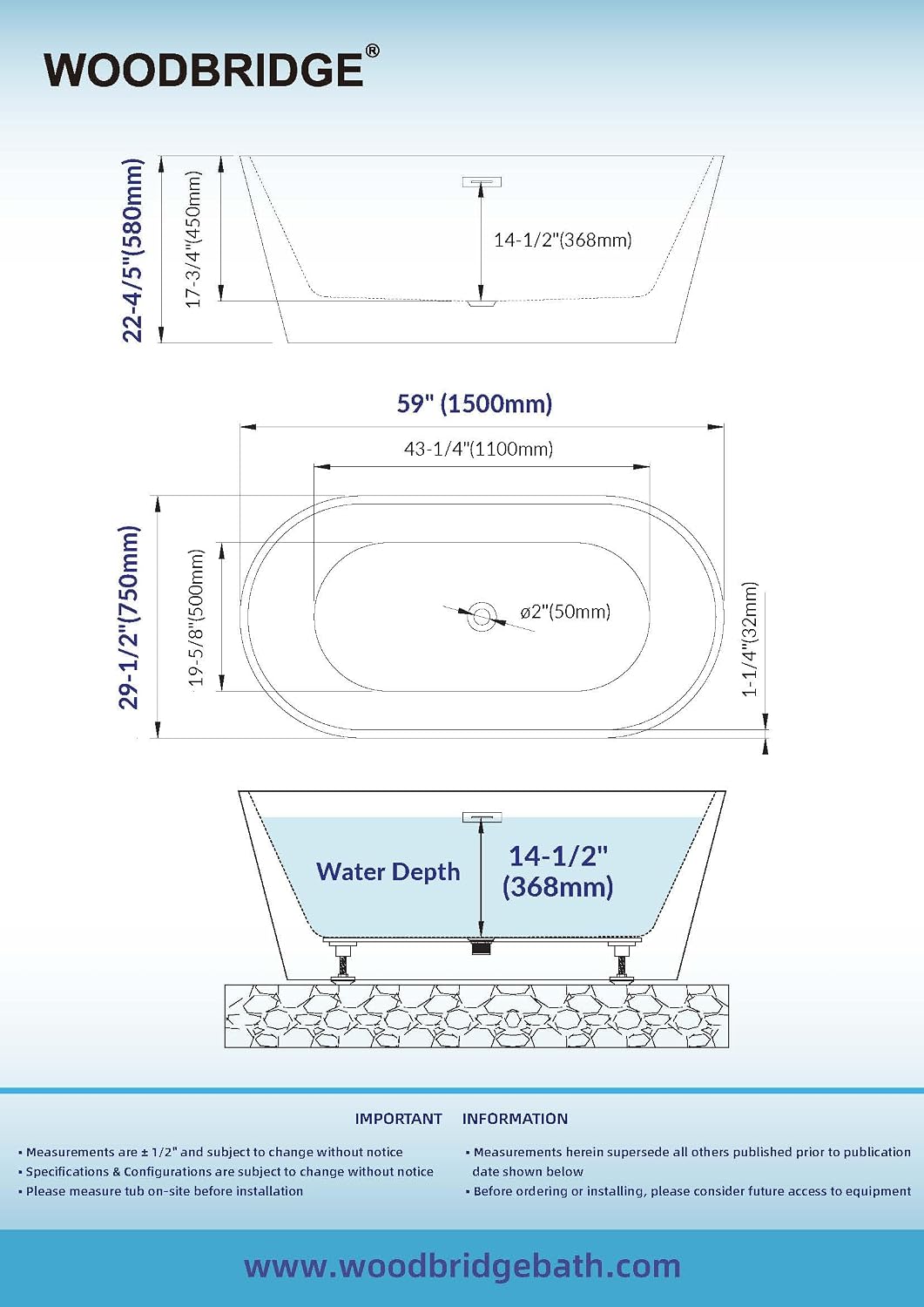 WOODBRIDGE 59' L x 29-1/2' W Freestanding Contemporary Soaking Bathtub with Matte Black Drain & Overflow, Black, B8814-MB