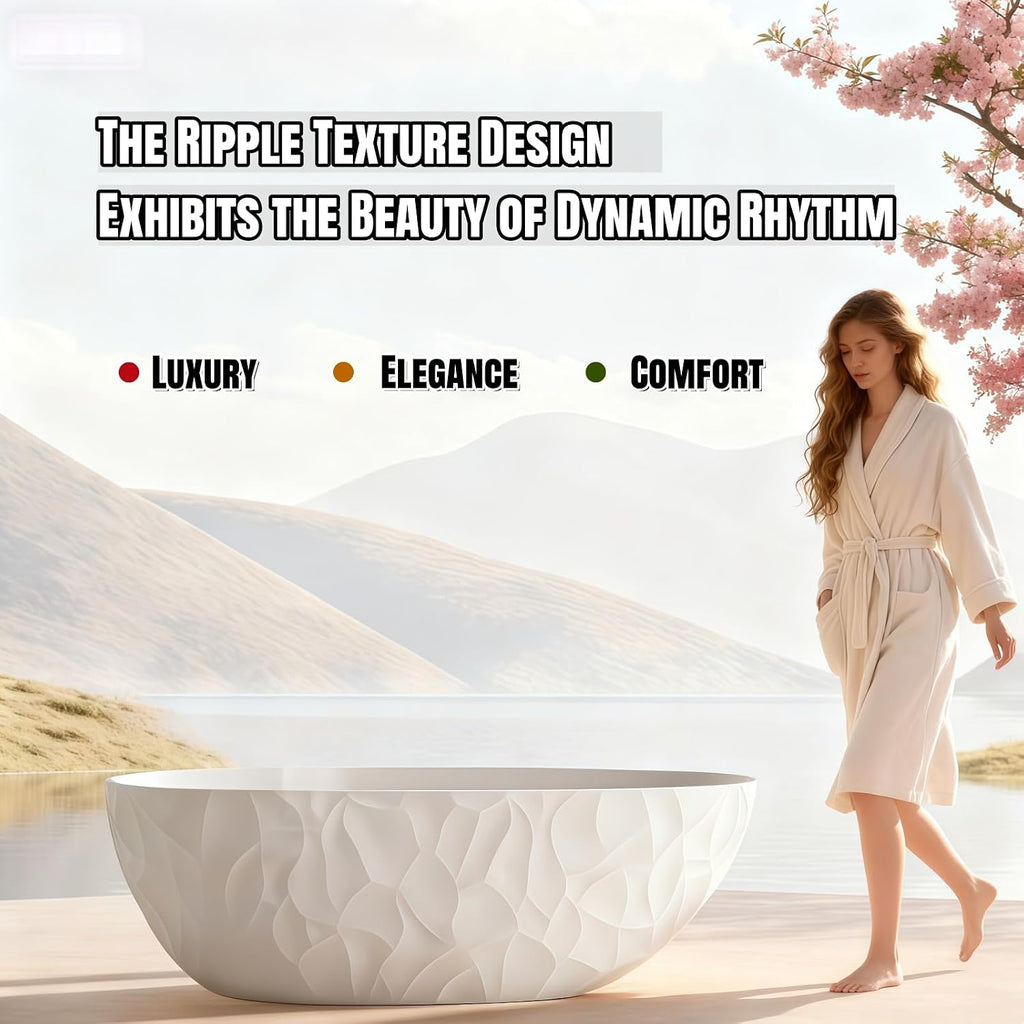 64' Edeyeu Luxury Freestanding Bathtub - Modern Soaker Tub Made of Premium PMMA Solid Surface, Extra Deep Freestanding Tub, Durable Stand Alone Bathtub for Contemporary Bathroom Design Black