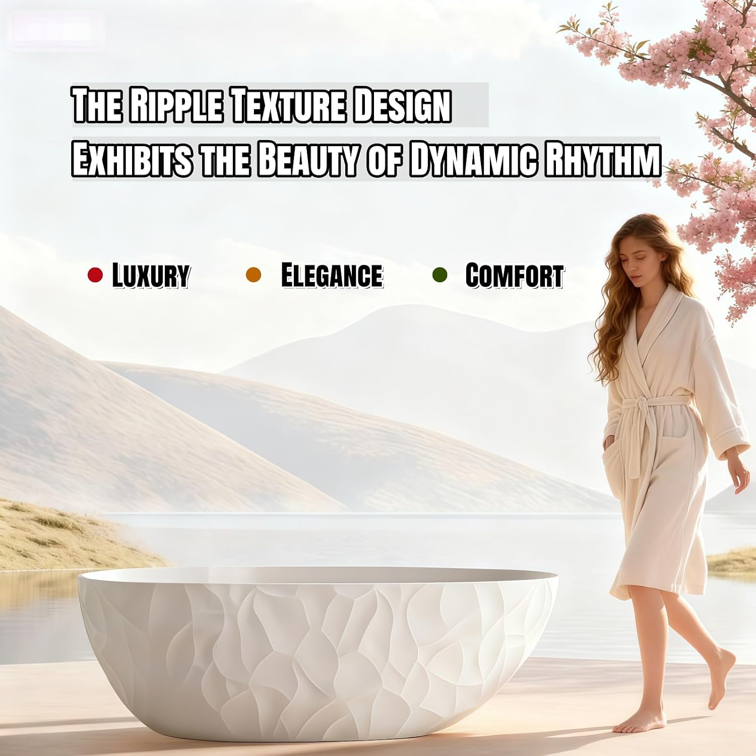 64' Edeyeu Luxury Freestanding Bathtub - Modern Soaker Tub Made of Premium PMMA Solid Surface, Extra Deep Freestanding Tub, Durable Stand Alone Bathtub for Contemporary Bathroom Design Green A