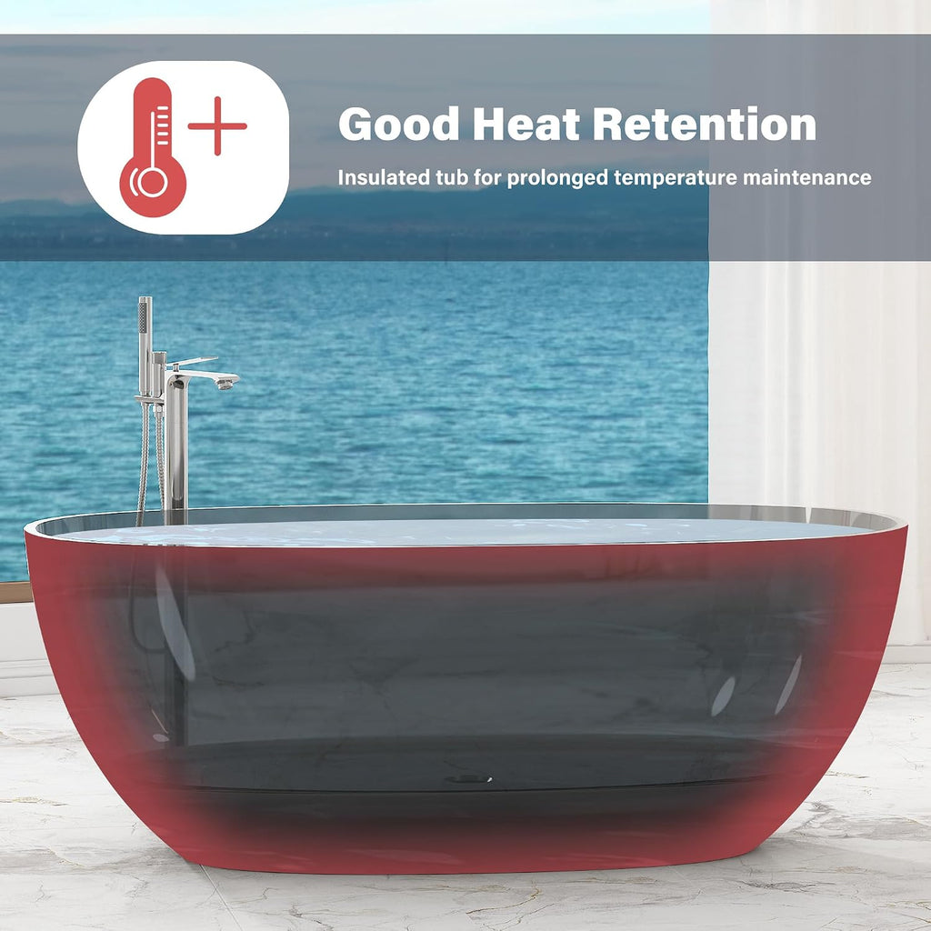 CASAINC 59' Resin Freestanding Bathtub Transparent Soaking Tub Modern Oval Design Stand Alone Tub with Pop-up Drain, 65.52 Gallons Water Storage Capacity 410 MM Soaking Depth, Transparent Ash Gray