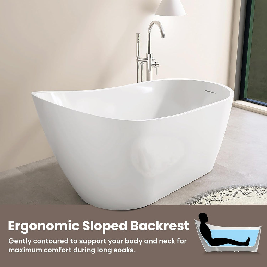 SJ STAR&JANE 59' Acrylic Freestanding Bathtub, Modern Acrylic Soaking Bathtub,Stand Alone Tub with Drain and Overflow, cUPC Certified, White