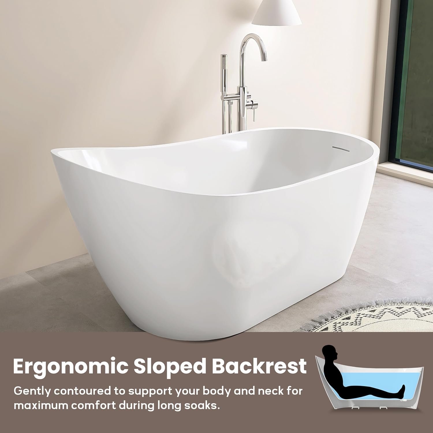 SJ STAR&JANE 59' Acrylic Freestanding Bathtub, Modern Acrylic Soaking Bathtub,Stand Alone Tub with Drain and Overflow, cUPC Certified, White