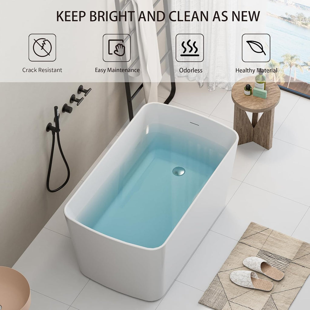 49' Acrylic Freestanding Bathtubs, Square Shaped Japanese Soaking Tub, Stand Alone Tubs W/Pop-UP Chrome Drain, Slotted Overflow, cUPC Certified, Glossy White (Without Seat)