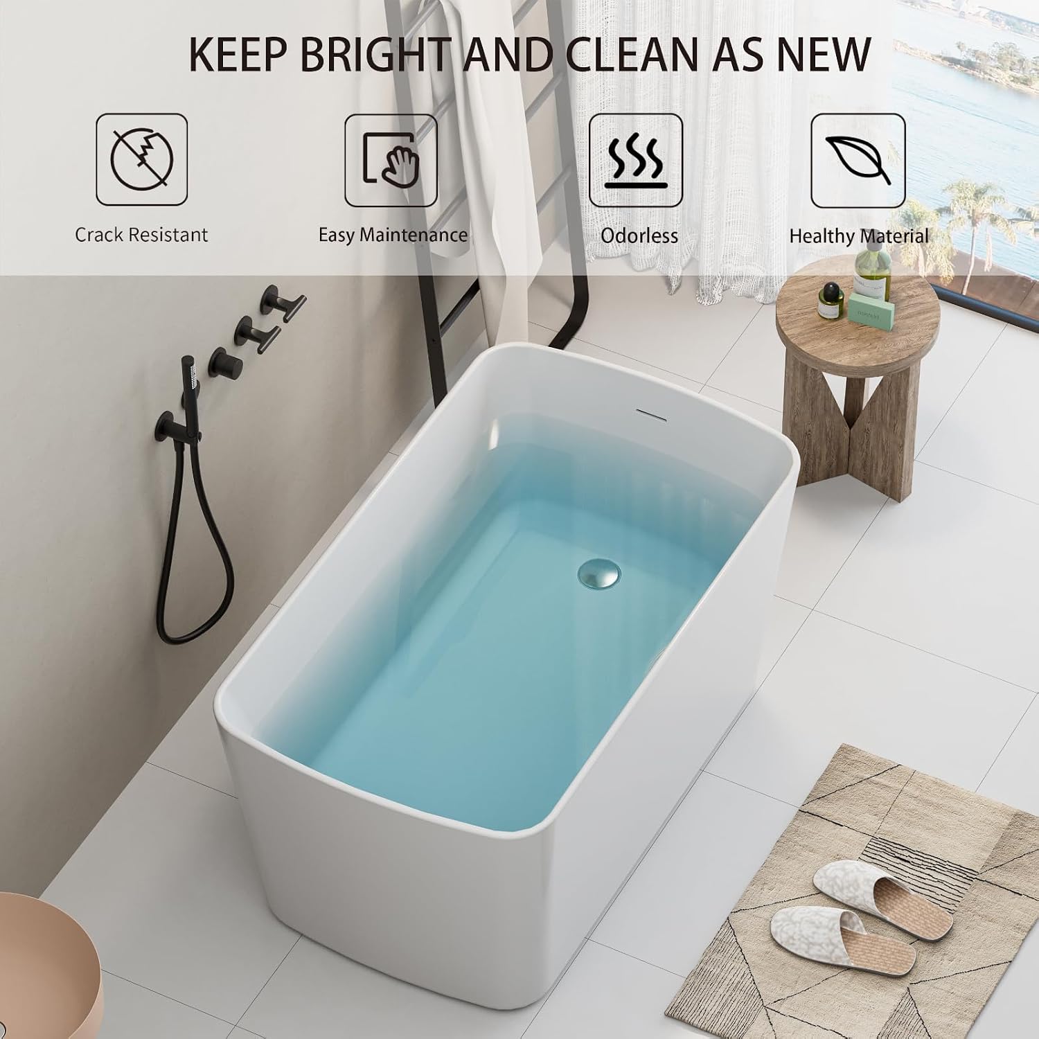 49' Acrylic Freestanding Bathtubs, Square Shaped Japanese Soaking Tub, Stand Alone Tubs W/Pop-UP Chrome Drain, Slotted Overflow, cUPC Certified, Glossy White (Without Seat)