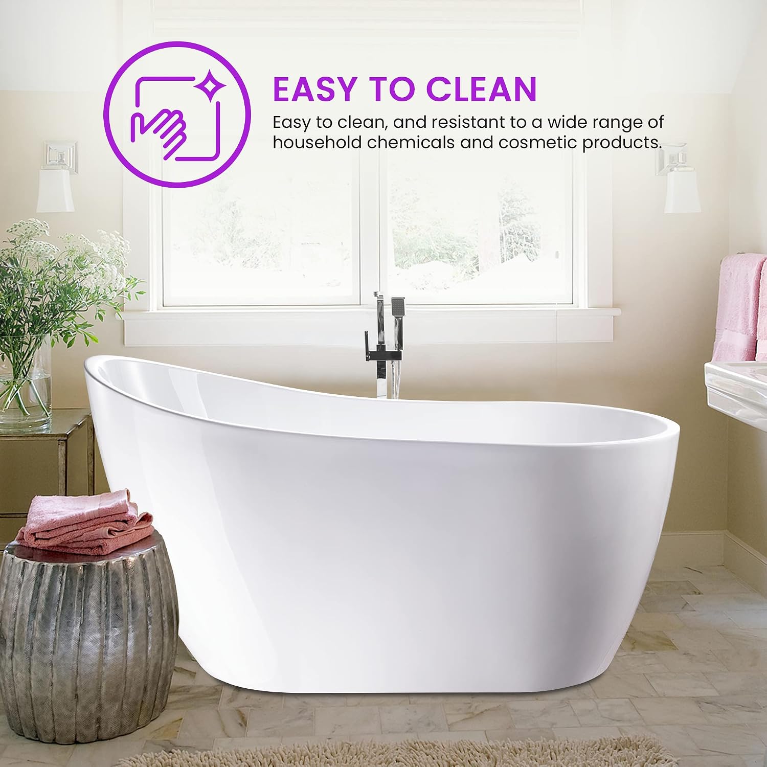 Vanity Art 54 X 28 Inch White Acrylic Freestanding Bathtub | Contemporary Design Soaking Tub with Pop-up Drain and Slotted Overflow Included, UPC Certified VA6525-ORB
