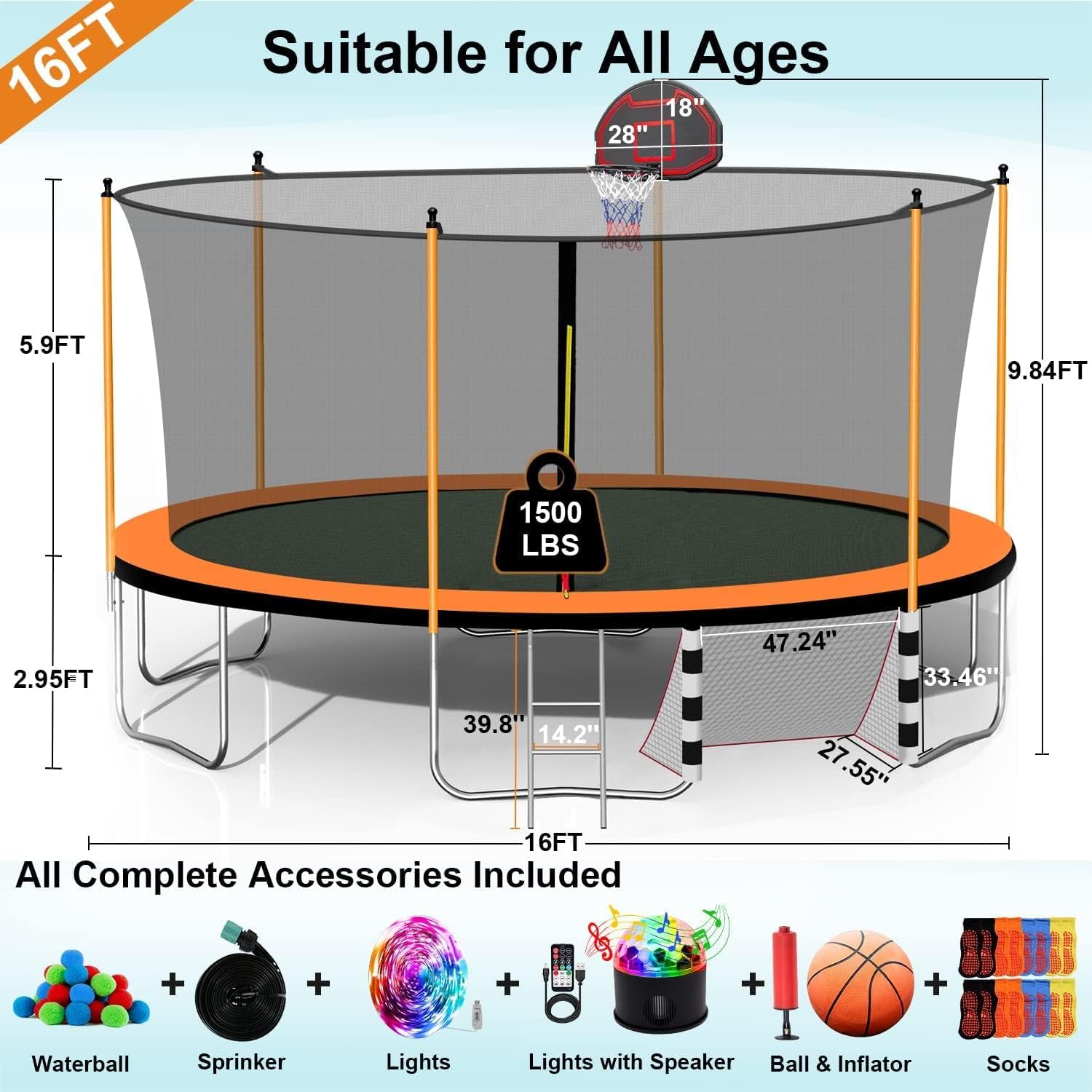 1500LBS 16FT 15FT 14FT 12 FT 10FT 8FT Tranpoline for Kids and Adults with Sprinkler, Lights with Music Speaker, Socks, Water Ball, Heavy Duty Outdoor Tranpoline with Net Enclosure and Ladder