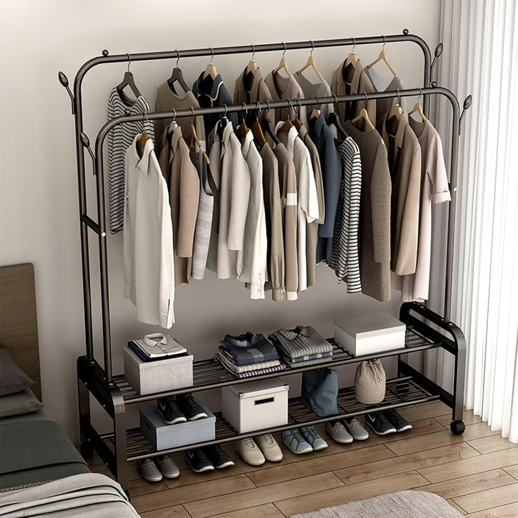 Freestanding Garment Rack for Bedroom,Multi-Functional Double Rods Clothing Rackwith Bottom Shelves and 4 Hooks,Portable Clothes Rack for Hanging Clothes,A-135 * 58 * 154cm