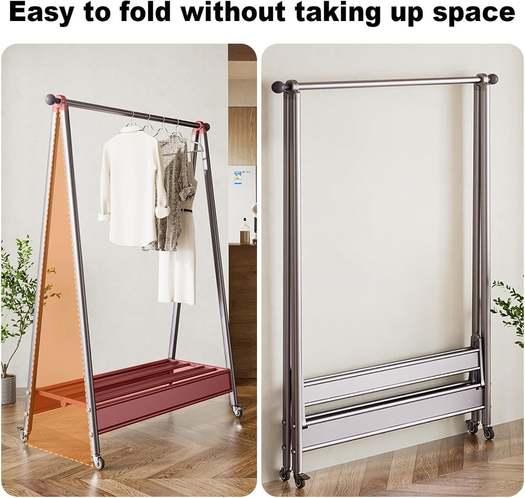 Foldable Garment Rack With Wheels, Portable Clothes Racks For Hanging Clothes, Collapsible Rolling Clothing Rack For Bedroom Living Room Storage(Gray,120cm/47.2in)