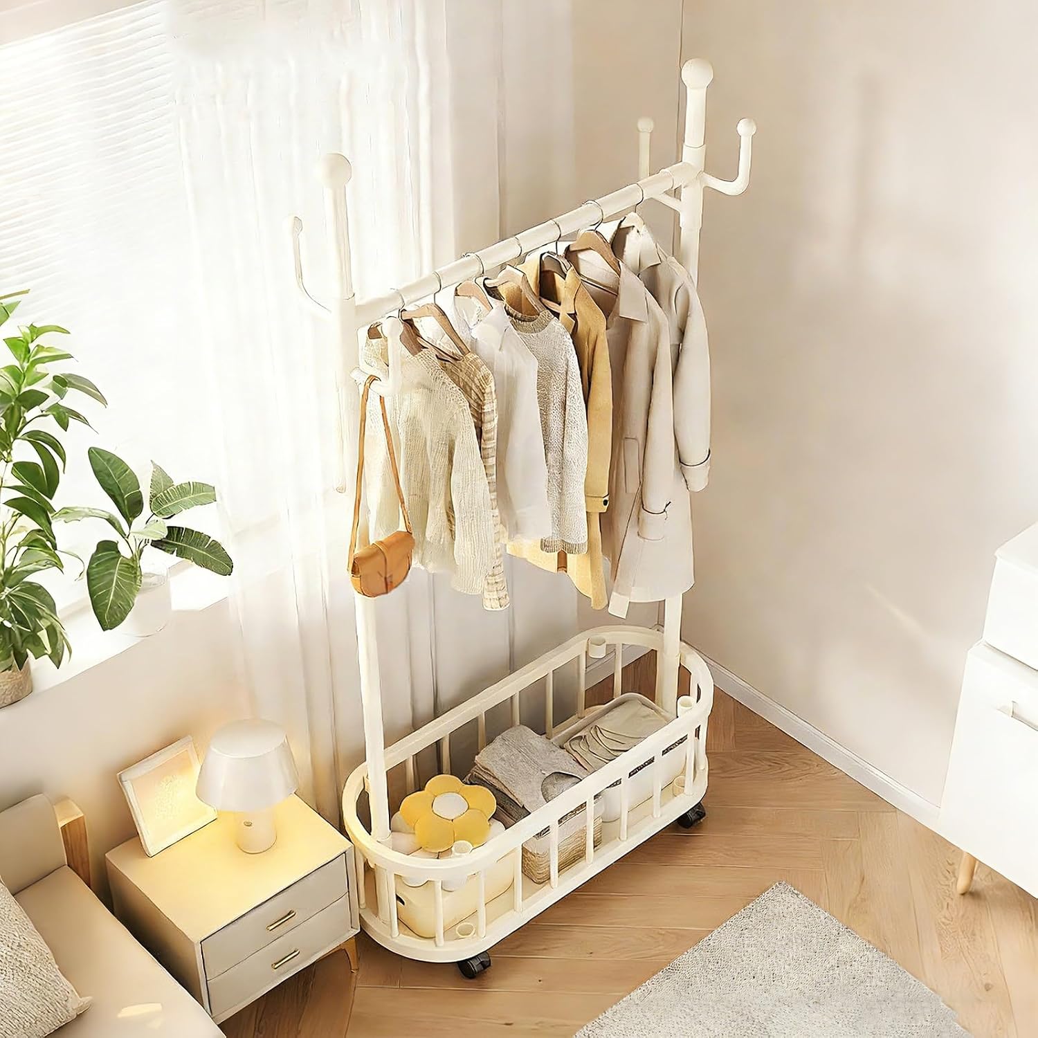 Rolling Clothes Rack With Wheels,Storage Basket,4 Hooks,Freestanding Garment Racks Hanger Stand,Coat Rack,Metal Organizer For Entryway Bedroom Living Room(White,80cm(31.5in))