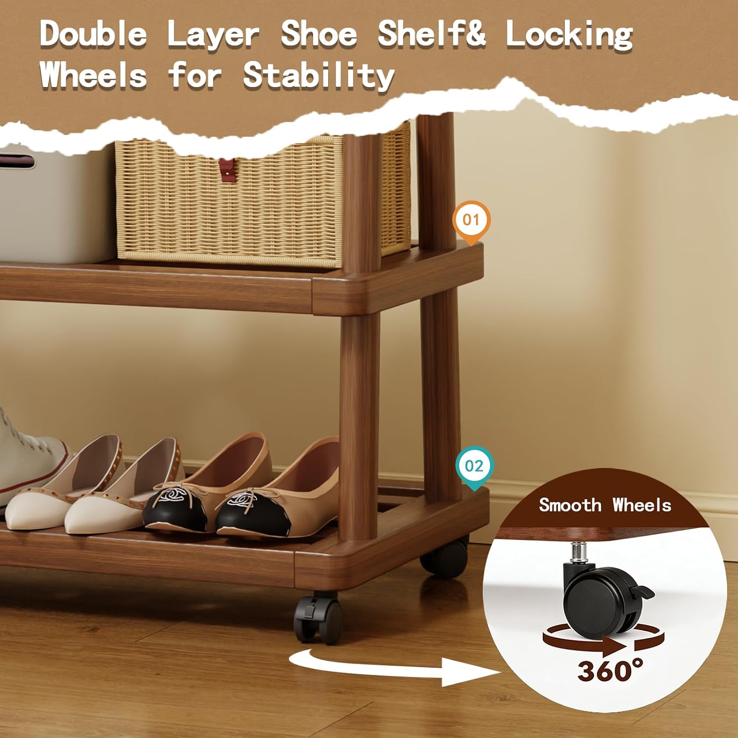 Solid Wood Clothing Rack Freestanding with Wheels, 3-in-1 Coat Rack with 2 Shelves & Hooks Load 500 Lbs, Heavy Duty Garment Rack for Hanging Clothes & Organizer for Entryway Bedroom Living Room 23.6'W