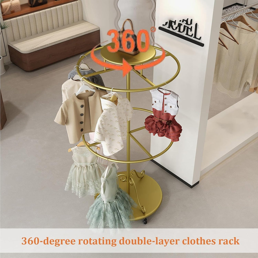 Gold Garment Rack with Casters, 360° Rotating Kids Clothing Display Rack with Top Shelf, Multi-Tier Metal Organizer for Children Clothes, Retail Boutique & Home Closet Storage