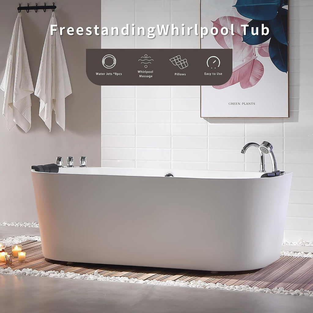 Empava 59-Inch Freestanding Whirlpool Bathtub Oval with 8 Hydromassage Adjustable Water Jets Luxury Acrylic Massage SPA Soaking Bath Tub Double Ended