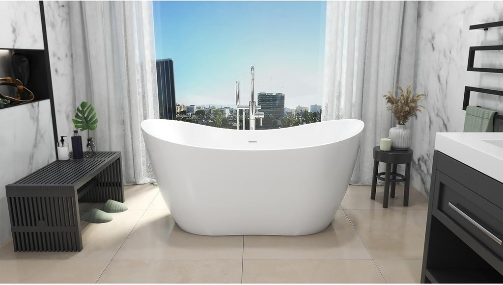 DreamLine Nile 63 inch L x 28 3/8 inch W x 28 3/8 inch H Freestanding Acrylic Bathtub with Chrome Drain