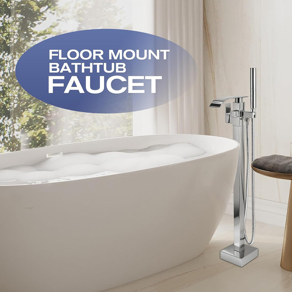 Waterfall Freestanding Bathtub Faucet, Floor Mount Bathroom Tub Filler Shower Faucets with Handheld Sprayer, Chrome