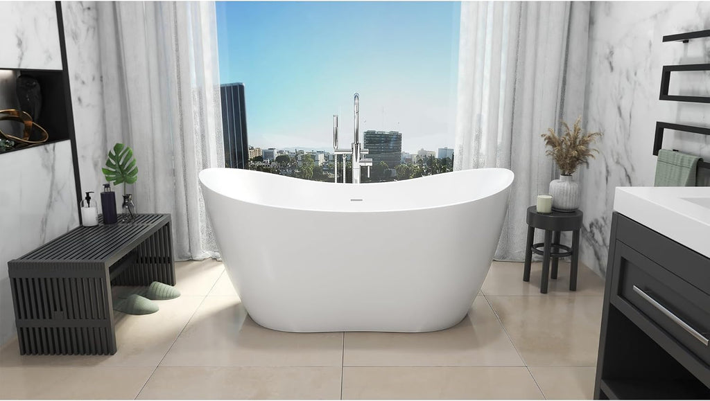 DreamLine Nile 59 inch L x 28 inch H Acrylic Freestanding Bathtub with Brushed Nickel Finish